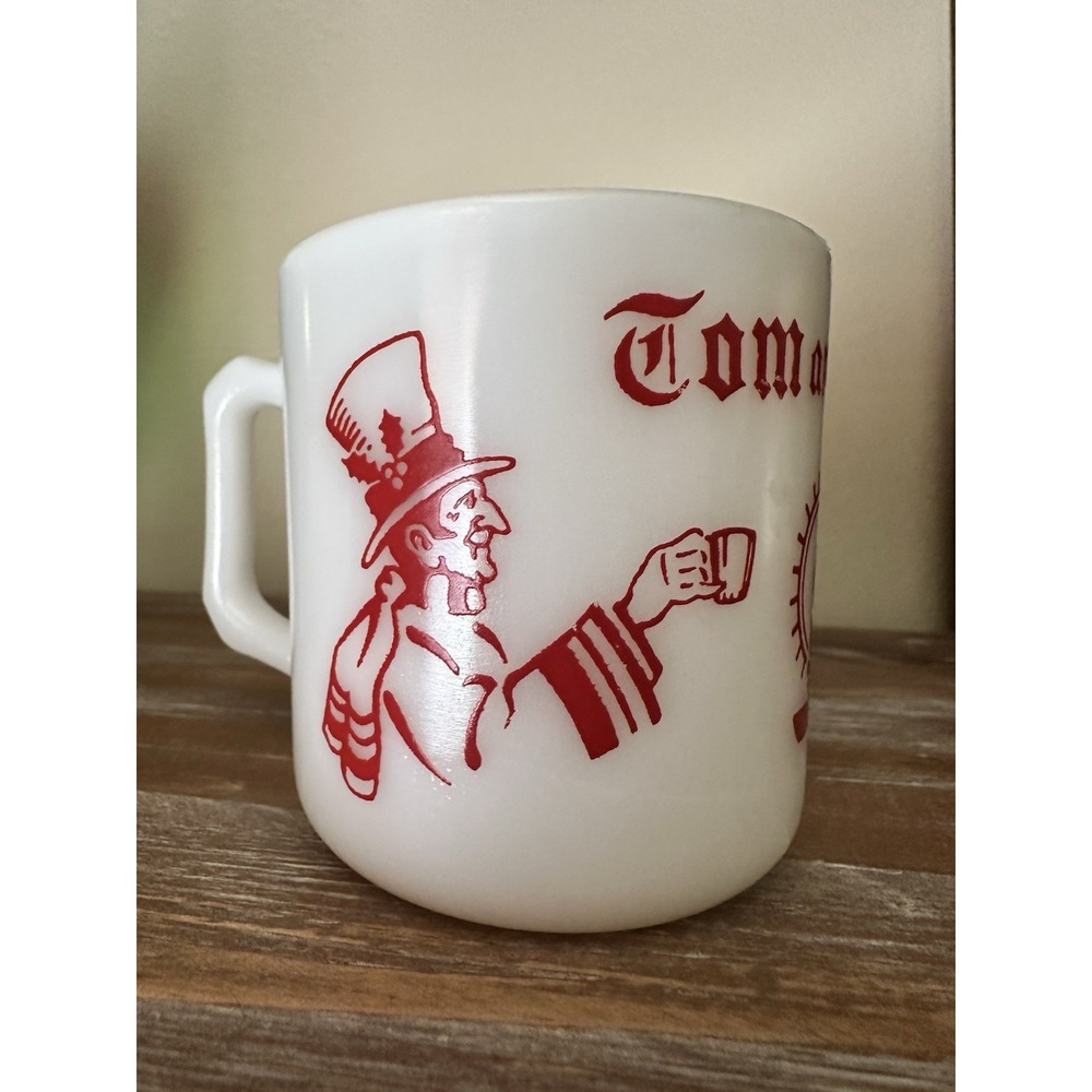 Tom and Jerry Hazel Atlas Egg Nog Glass Cup- RARE Holiday Milk Glass w/Red Print
